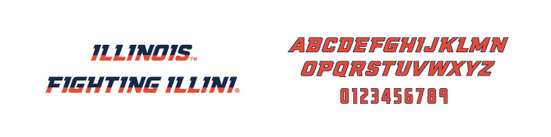 Two-toned lettering for “Illinois” and “Fighting Illini” with font and numbers