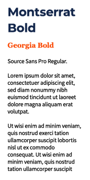 Blue Montserrat Bold, orange Georgia Bold, and black Source Sans Pro Regular fonts on white