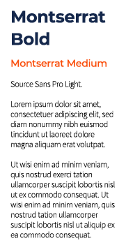 Blue Montserrat Bold, orange Montserrat Medium, and black Source Sans Pro Light fonts on white