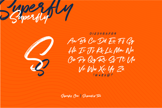 Blue and white Superfly fonts on orange