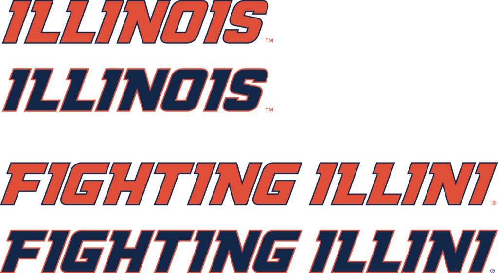 University of Illinois Athletics Logo examples. The word Illinois with orange text, Illinois with blue text, Fighting Illini with orange text, Fighting Illini with blue text  